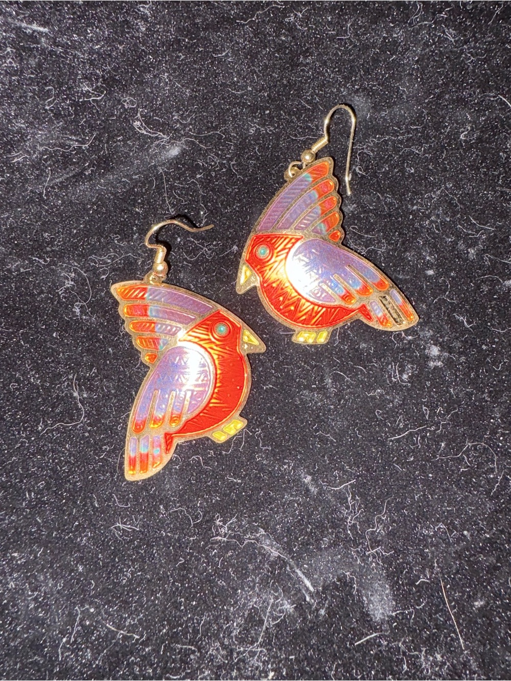 Colorful Bird Drop Earrings - Red and Purple Enamel Accent